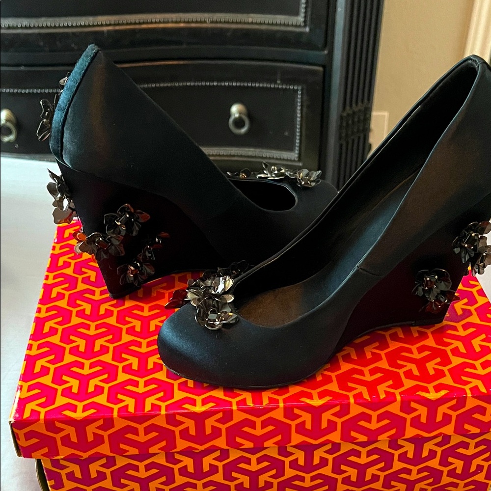 Tory Burch Elegant Black Wedge Heels with Floral Accents throughout entire shoes